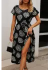 Omarı Desenli Kuşaklı Kısa Kollu Midi Elbise