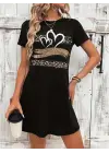 Kadın Kısa Kollu Bisiklet Yaka Desenli Viskon Elbise