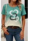 Omarı Kalp Baskılı Kadın Bisiklet Yaka Bluz