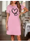 Kadın Kısa Kollu Bisiklet Yaka Kalp Desenli Viskon Elbise