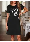 Kadın Kısa Kollu Bisiklet Yaka Kalp Desenli Viskon Elbise