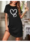 Kadın Kısa Kollu Bisiklet Yaka Kalp Desenli Viskon Elbise