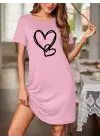 Kadın Kısa Kollu Bisiklet Yaka Kalp Desenli Viskon Elbise