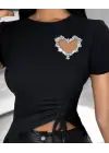 Omarı Viskon Bluz Kalp Taş Detaylı Kadın Bluz