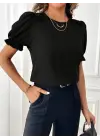 Kadın Kısa Kollu Bisiklet Yaka Kolları Gipeli Ithal Krep Bluz