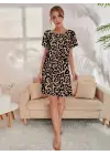 Kadın Kısa Kollu Bisiklet Yaka Leopa Desen Süprem Elbise