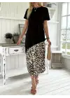 Kadın Kısa Kollu Bisiklet Yaka Leopar Detaylı Midi üst Viskon Alt Süprem Elbise