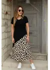 Kadın Kısa Kollu Bisiklet Yaka Leopar Detaylı Midi üst Viskon Alt Süprem Elbise