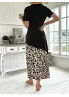 Omarı Leopar Desenli Kadın Midi Elbise