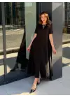 Kadın Kısa Kollu Bisiklet Yaka Maksi Boy Ithal Krep Elbise