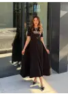 Kadın Kısa Kollu Bisiklet Yaka Maksi Boy Ithal Krep Elbise