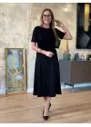 Kadın Kısa Kollu Bisiklet Yaka Midi Viskon Iki Iplik Elbise