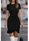Kadın Kısa Kollu Bisiklet Yaka önden Volanlı Ithal Krep Elbise