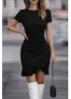 Kadın Kısa Kollu Bisiklet Yaka önden Volanlı Ithal Krep Elbise