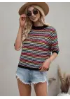 Kadın Kısa Kollu Bisiklet Yaka Renkli şerit Detaylı Triko Bluz