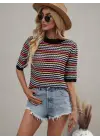 Kadın Kısa Kollu Bisiklet Yaka Renkli şerit Detaylı Triko Bluz