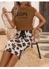 Kadın Kısa Kollu Bisiklet Yaka Viskon Bluz Desenli Dalgıç Etek Ikili Takım