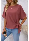 Kadın Kısa Kollu Bisiklet Yaka Yandan Bağcıklı Aerobin Bluz