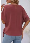 Kadın Kısa Kollu Bisiklet Yaka Yandan Bağcıklı Aerobin Bluz