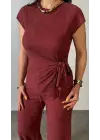 Kadın Kısa Kollu Bisiklet Yaka Yandan Bağlamalı Bürümcük Bluz Ve Pantolon Ikili Takım