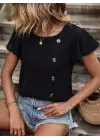 Kadın Kısa Kollu Bisiklet Yaka Yandan Düğmeli Viskon Bluz