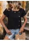 Kadın Kısa Kollu Bisiklet Yaka Yandan Düğmeli Viskon Bluz