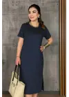 Kadın Kısa Kollu Bisiklet Yaka Yırtmaçlı Viskon Iki Iplik Elbise