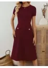 Kadın Kısa Kollu Bisiklet Yakalı Cep Detaylı Midi Ithal Krep Elbise