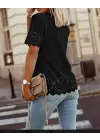 Kadın Kısa Kollu Bisiklet Yakalı Kolları Lazer Cicek Baskılı Ithal Krep Bluz