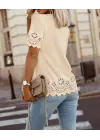 Kadın Kısa Kollu Bisiklet Yakalı Kolları Lazer Cicek Baskılı Ithal Krep Bluz
