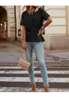 Kadın Kısa Kollu Bisiklet Yakalı Kolları Lazer Cicek Baskılı Ithal Krep Bluz
