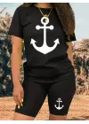 Kadın Kısa Kollu çapa Baskılı Viskon Ikili Takım