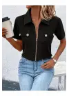 Kadın Kısa Kollu Ceket Yaka önü Fermuarlı Cep Detay Kısa Kol Ithal Krep Bluz