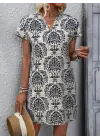 Kadın Kısa Kollu çentik Yaka çiçek Desenli Keten Elbise