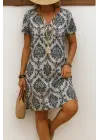 Kadın Kısa Kollu çentik Yaka çiçek Desenli Keten Elbise