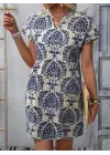Kadın Kısa Kollu çentik Yaka çiçek Desenli Keten Elbise