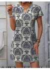 Kadın Kısa Kollu çentik Yaka çiçek Desenli Keten Elbise
