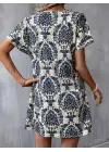 Kadın Kısa Kollu çentik Yaka çiçek Desenli Keten Elbise
