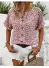 Kadın Kısa Kollu çentikli V Yaka Ve Düğme Detaylı çiçek Desenli Süprem Bluz