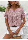 Kadın Kısa Kollu çentikli V Yaka Ve Düğme Detaylı çiçek Desenli Süprem Bluz