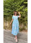 Kadın Kısa Kollu çiçek Baskı Midi Boy Süprem Elbise