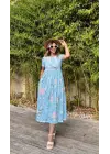 Kadın Kısa Kollu çiçek Baskı Midi Boy Süprem Elbise