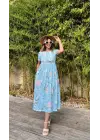 Kadın Kısa Kollu çiçek Baskı Midi Boy Süprem Elbise