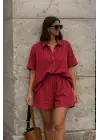 Kadın Kısa Kollu çizgili Modal Kumaş Gömlek Ve Yüksek Bel Lastik Detay şort Ikili Takım