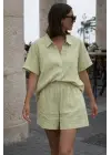 Kadın Kısa Kollu çizgili Modal Kumaş Gömlek Ve Yüksek Bel Lastik Detay şort Ikili Takım