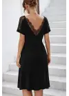 Kadın Kısa Kollu Dantel V Yakalı Midi Viskon Elbise