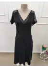 Kadın Kısa Kollu Dantel V Yakalı Midi Viskon Elbise