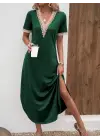 Kadın Kısa Kollu Dantel V Yakalı Uzun Viskon Elbise