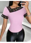 Kadın Kısa Kollu Dantel Yaka Viskon Bluz