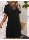 Kadın Kısa Kollu Dantel Yakalı Kısa Viskon Elbise